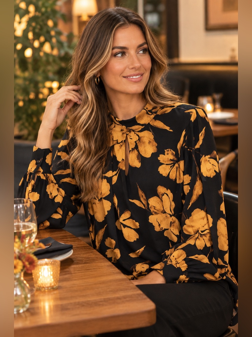 Laura petite Floral Keyhole Mock Neck Top - Black & ochre